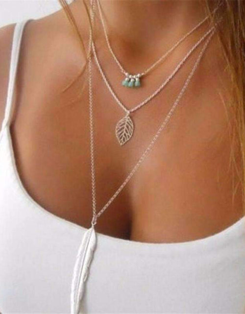 Load image into Gallery viewer, Turquoise Leaf Feather Multi Layer Necklace