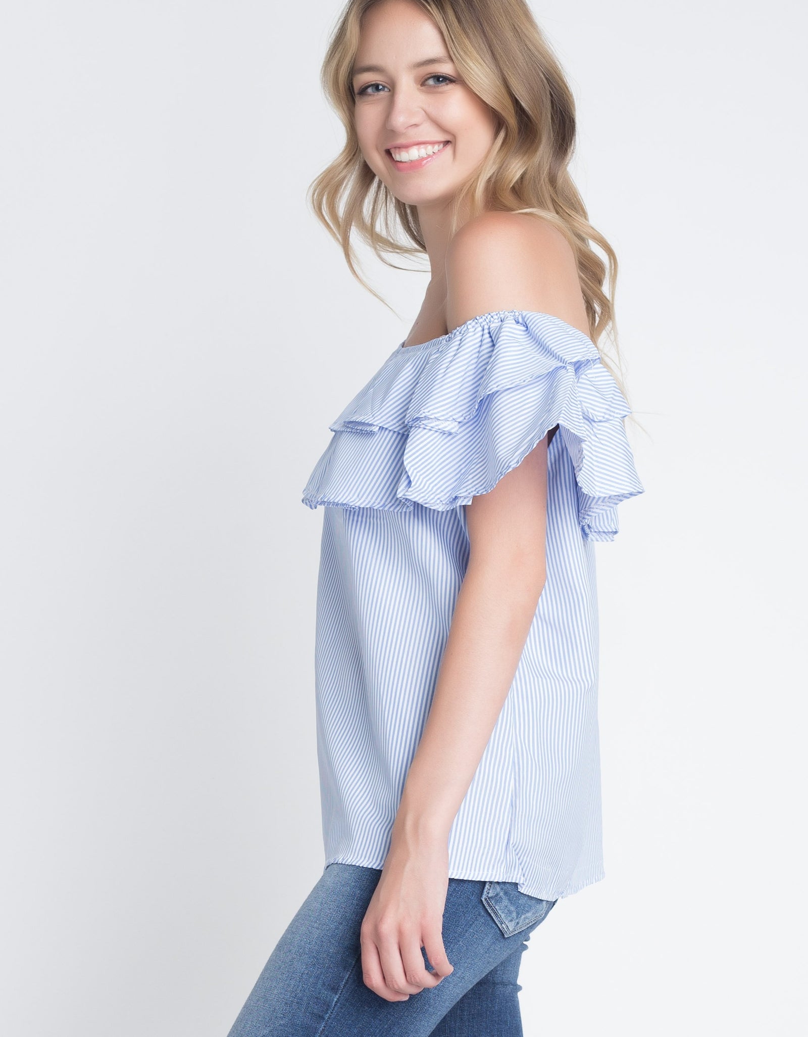 Women's Striped Off Shoulder Ruffle Stripe Blouse